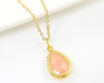 Pink Teardrop Necklace, Pink Gold Pendant Necklace, Dainty Pink Necklace, Pink Gold Drop Necklace, Feminine Jewelry Charm |CJ2-1