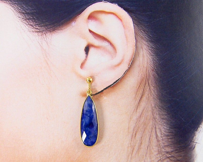 Sapphire Clip on Earrings, Blue Gemstone Gold Long Teardrop Dangle, September Birthstone, Long Sapphire Drop Clipon Earrings EB7-9 image 5