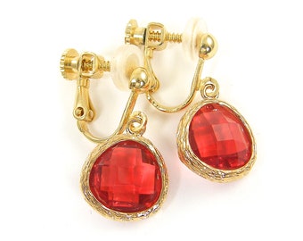 Ruby Clip on Earrings Gold, Ruby Red Dangle Drop Clip Earrings, July Birthstone Birthday Gift for Her, Valentine's Day Jewelry |CJ1-1