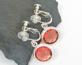 Coral Drop Clip on Earrings, Faceted Round Coral Silver Clip Earrings, Coral Dangle Non Pierced Earrings |CJ2-11