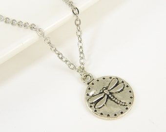 Silver Dragonfly Necklace - Antique Silver Round Insect Pendant Charm Necklace with 18 Inch Chain |NB2-25