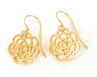 Gold Rose Earrings, Open Rose Earrings, Gold Flower Earrings, Flower Silhouette PIERCED Earrings |EB2-13