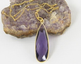 Long Amethyst Necklace, February Birthstone Jewelry, Purple Gemstone Teardrop Necklace |NB3-33