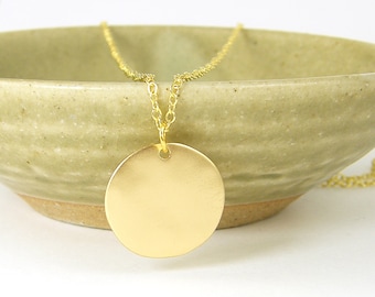 Gold Disc Pendant Necklace, Matte Gold Circle Necklace, Textured Gold Necklace, Modern Geometric Everyday Jewelry |NB2-70