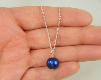 Navy Blue Pearl Necklace, Silver Blue Pearl Necklace, Blue Pearl Charm Necklace, Simple Blue Pearl Blue Freshwater Pearl Necklace |NB1-7