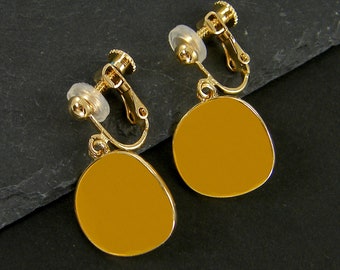 Mustard Yellow Clip on Earrings, Round Circle Dijon Goldenrod Dangle Drop Clip Earrings Gift for Her |EB2-54