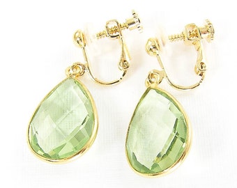 Green Stone Clip on Earrings, Light Green Clip Earrings, Minimalist Green Gemstone Teardrop Clip on Earrings |EB9-5