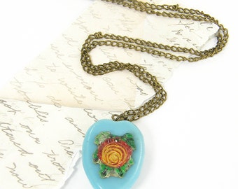 Vintage Heart Necklace, Light Blue Heart Pendant Necklace, Red Yellow Flower Green Leaves Floral Heart Jewelry, Sweetheart Gift |NB2-56