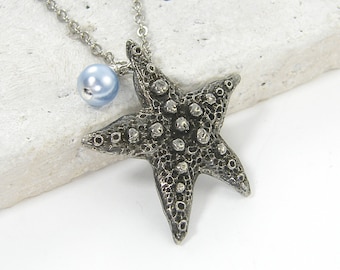 Silver Starfish Necklace, Beach Nautical Ocean Jewelry, Star Fish Pearl Necklace |GS1-32