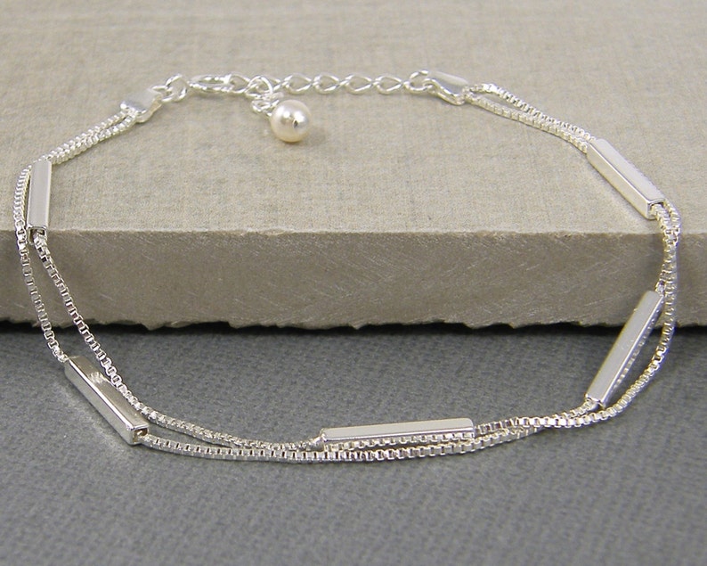 Custom Sterling Silver Bar Bracelet, Two Strand Bar and Chain Bracelet, Thin Bar Bracelet, Minimalist, Dainty Layered Bracelet BB1-14 image 2