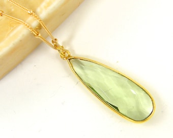 Green Amethyst Necklace, Long Elegant Green Gemstone Teardrop, Light Green Faceted Stone Classic Pendant Statement Necklace |NB1-24