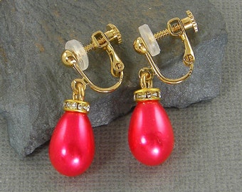 Red Pearl Clip on Earrings, Coral Pearl Clip Earrings, Red Drop Clip on Earrings, Coral Bridesmaid Earrings, Bridal Party Jewelry |EB9-42