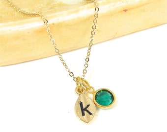 Custom Emerald Necklace for May Birthday Gifts, Emerald Green Crystal Pendant Necklace with Custom Gold Initial Birthstone Charm Jewelry