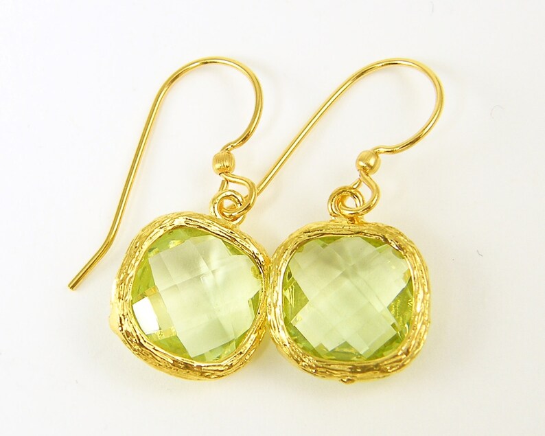 August Birthstone Earrings, Peridot Drop Earrings, Peridot Dangle Earrings Birthday Jewelry Faceted Stone Pale Green PIERCED Earrings PG1-7 image 1