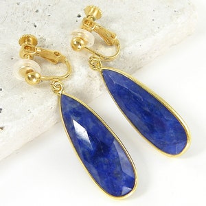 Sapphire Clip on Earrings, Blue Gemstone Gold Long Teardrop Dangle, September Birthstone, Long Sapphire Drop Clipon Earrings EB7-9 image 1
