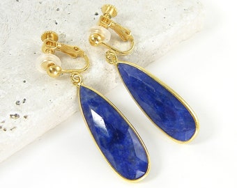 Sapphire Clip on Earrings, Blue Gemstone Gold Long Teardrop Dangle, September Birthstone, Long Sapphire Drop Clipon Earrings |EB7-9