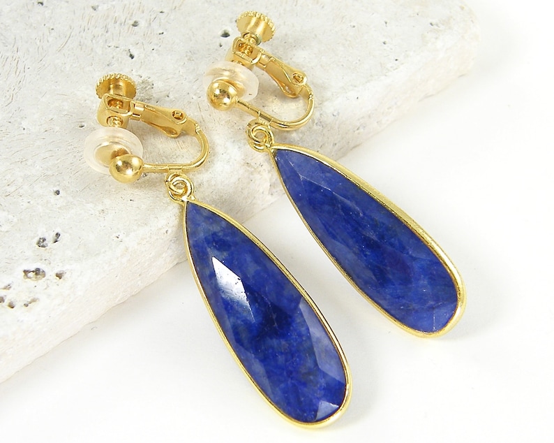 Sapphire Clip on Earrings, Blue Gemstone Gold Long Teardrop Dangle, September Birthstone, Long Sapphire Drop Clipon Earrings EB7-9 image 1