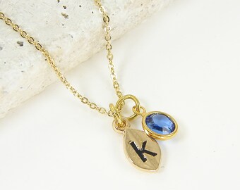 Custom Sapphire Necklace for September Birthday Gifts, Blue Crystal Pendant Necklace with Custom Gold Initial Birthstone Charm Jewelry