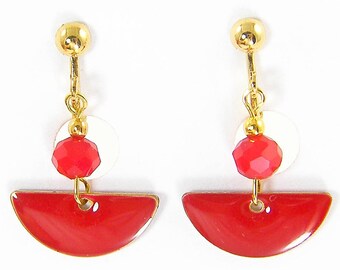 Red Clip on Earrings, Scarlett Dangle Clip Earrings, Crimson Gold Bead Clipon Earring, Crescent Half Circle Geometric Clipon Earring |EB9-30