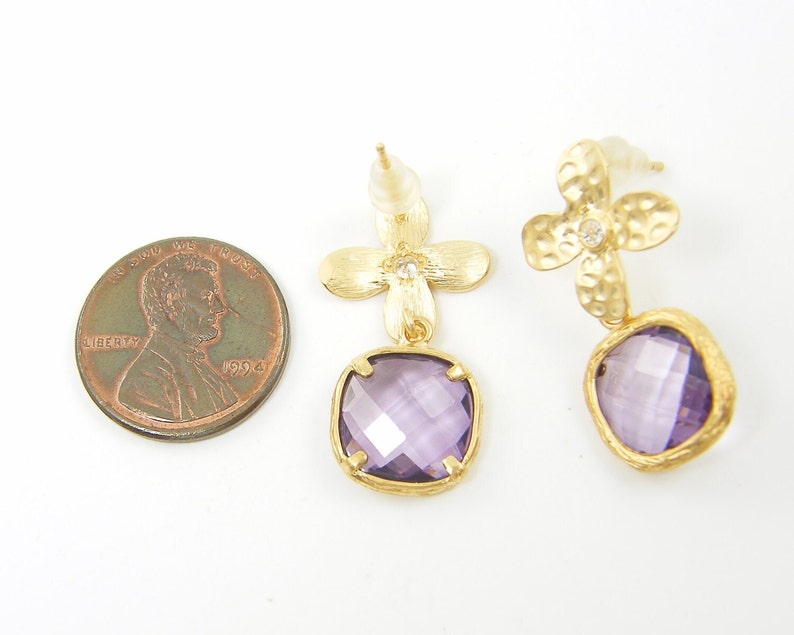 Tanzanite Earrings, Lavender Earrings, Gold Flower Earrings, Gift for Gardener, February Birthstone Earrings PJ1-8 image 2