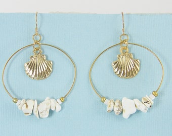Gold Seashell Earrings White Gemstone Gold Hoop Sea Scallop Clam Shell Resort Vacation Beach Summer Nautical Dangle Pierced Earrings |EB3-81