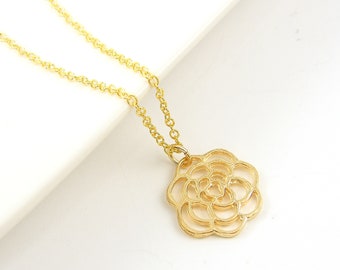 Gold Open Rose Necklace, Simple Flower Silhouette Charm Necklace |NB2-65