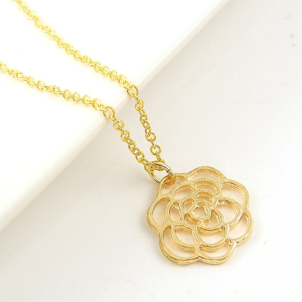 Gold Open Rose Necklace, Simple Flower Silhouette Charm Necklace |NB2-65