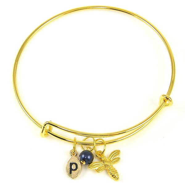 Personalized Gold Bee Bracelet, Gold Initial Bangle Bracelet, Bangle Gold Bumblebee Pearl Charm Bracelet |BB2-17
