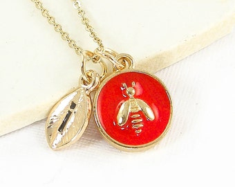 Personalized Tiny Red Bee Necklace, Red Gold Necklace, Small Red Bumblebee Necklace, Insect Charm Jewelry Gift for Her Daughter |NB1-25