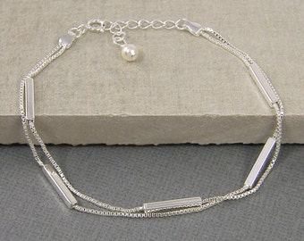 Custom Sterling Silver Bar Bracelet, Two Strand Bar and Chain Bracelet, Thin Bar Bracelet, Minimalist, Dainty Layered Bracelet |BB1-14