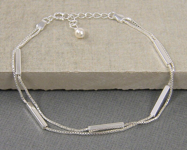 Custom Sterling Silver Bar Bracelet, Two Strand Bar and Chain Bracelet, Thin Bar Bracelet, Minimalist, Dainty Layered Bracelet BB1-14 image 1