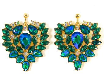 Large Emerald Green Sapphire Blue Rhinestone Clip on Earrings, Dressy Formal Crystal Cluster Mother of the Bride Clipon Earrings |EB5-27