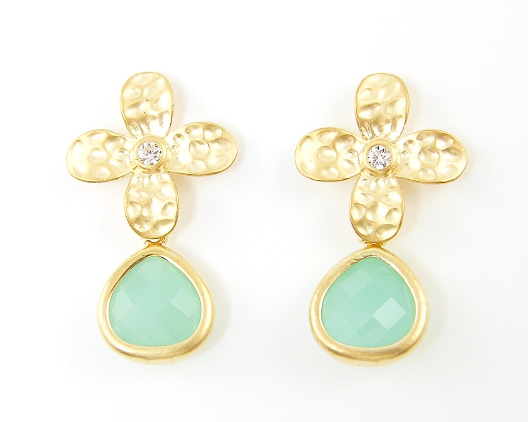 Mint Green Earrings Short Mint Drop Earrings Gold Flower Etsy