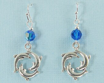 Silver Dolphin Earrings, PIERCED Blue Crystal Nautical Beach Dangle Earrings, Fish Jewelry |EB4-9