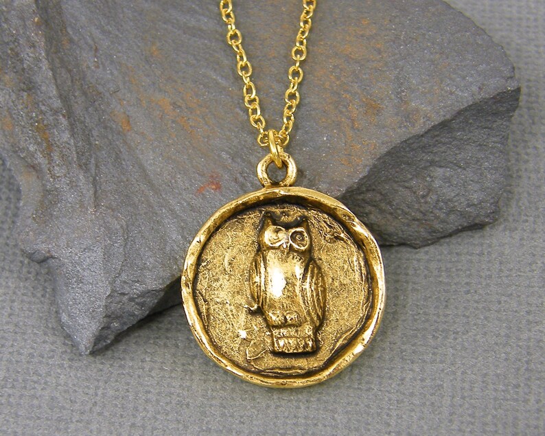 Owl Necklace Antique Gold Owl Pendant Medallion Bird Necklace Etsy