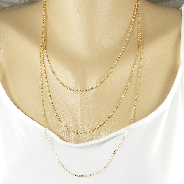 Three 3 Strand Layered Gold Chain Necklace, Multistrand Layer Layering Gold Necklace Chain Short to Long |CH5-2