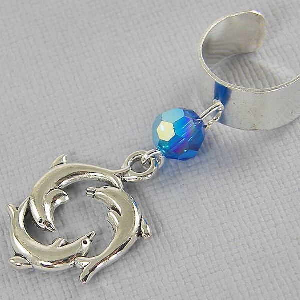 Silver Dolphin Ear Cuff, Blue Crystal Nautical Beach Dangle Earcuff, Fish Non-Pierced Cartilage Jewelry |EB4-34