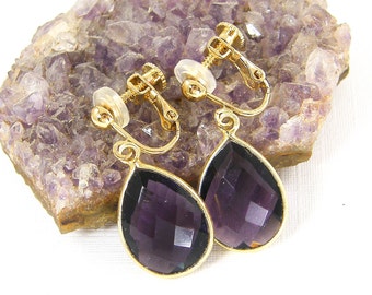 Amethyst Gemstone Clip on Earrings Gold, Purple Stone Teardrop Dangle Earrings, Gift for Her, Drop February Birthstone Birthday Gift |EB7-26