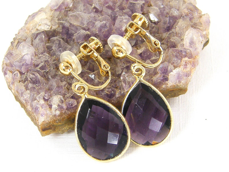 Amethyst Gemstone Clip on Earrings Gold, Purple Stone Teardrop Dangle Earrings, Gift for Her, Drop February Birthstone Birthday Gift EB7-26 image 1