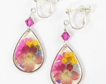 Pink Flower Clip on Earrings, Pink Yellow Colorful Multicolor Real Dried Pressed Flower Teardrop Clip Earrings |EB7-1