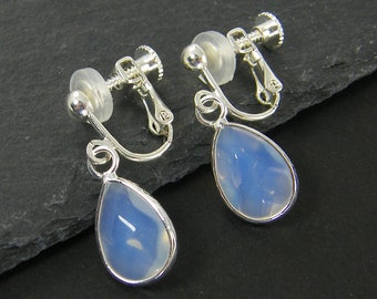 Moonstone Clip on Earrings, Silver Opalescent Translucent Faceted Teardrop, Milky White Gemstone Drop Clip Earrings with Screw Back |EB3-56