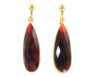 Garnet Clip on Earrings, Dark Red Gemstone Gold Long Teardrop Dangle, January Birthstone Earrings, Long Garnet Drop Clipon Earrings |EB7-17