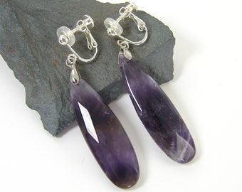 Long Amethyst Clip on Earrings Purple Semiprecious Gemstone Silver Teardrop Dangle Clipon Earrings February Birthday Gift Birthstone |EB6-34