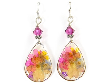 Pink Flower Earrings, Pink Crystal Dangle Earrings, Pink Yellow Colorful Multicolor Real Dried Pressed Flower PIERCED Earrings |EB9-35