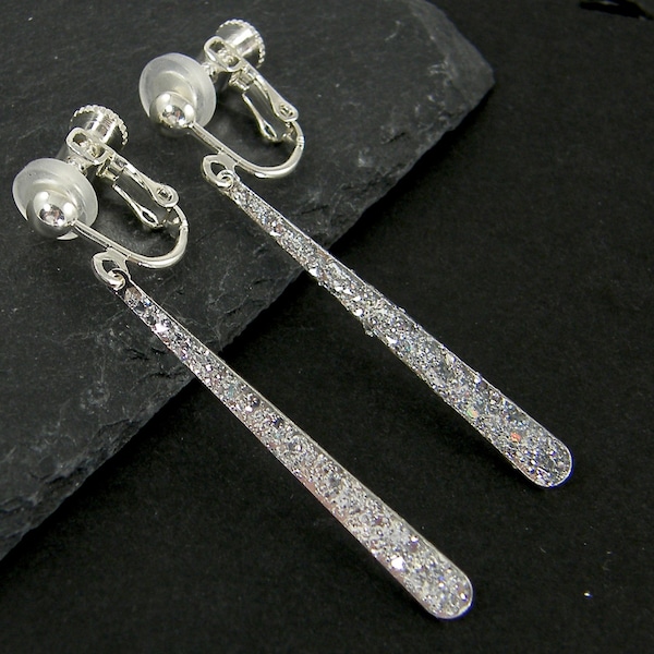 Long Silver Clip Dangle Earrings, Silver Teardrop Clip on Earrings Skinny Slender Thin Shiny Glitter Screw Back |EB3-87