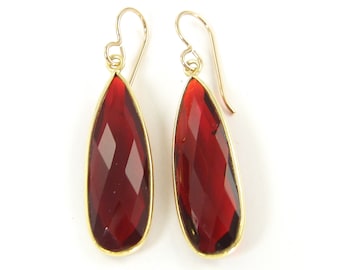 Garnet Earrings, Dark Red Gemstone Gold Long Teardrop Dangle Earrings, January Birthstone Earrings, Long Garnet Drop Earrings |EB5-22