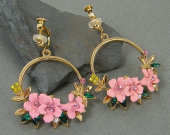 Pink Flower Clip On Earrings, Floral Gold Hoop Garden Gift for Gardener Flower Lover, Pink Rhinestone Dangle Circle Clip Earrings |EB2-27