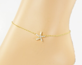 Personalized Rhinestone Starfish Anklet, Custom Gold Initial Ankle Bracelet Dainty Delicate Beach Ocean Sea Summer Bohemian Foot Chain BB1-5