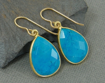 Turquoise Gemstone Earrings Gold, Teardrop Drop Earrings, Gift for Her, Turquoise Dangle Pierced Earrings, December Birthday Gift |EB3-67