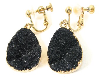 Black Clip on Earrings, Black Teardrop Screw Back Clipon Earrings, Black Druzy Clip on Earrings |EB1-13